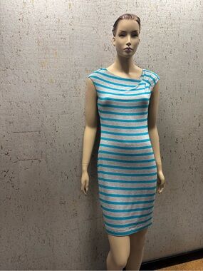 Calvin Klein Turquoise and Gray Striped Cap-Sleeve Midi Dress